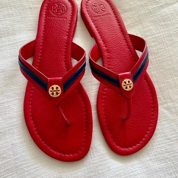 Tory Burch Shoes - Tory Burch Red Leather Thong Sandals with Navy Stripe and Gold Logo